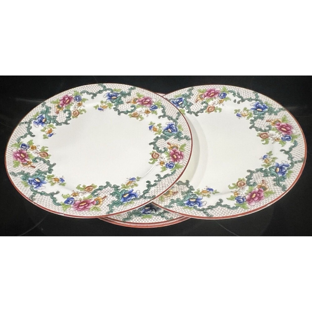 4 Dinner Plates Cauldon England Antique Bone China Gold Lattice Floral 10.5"